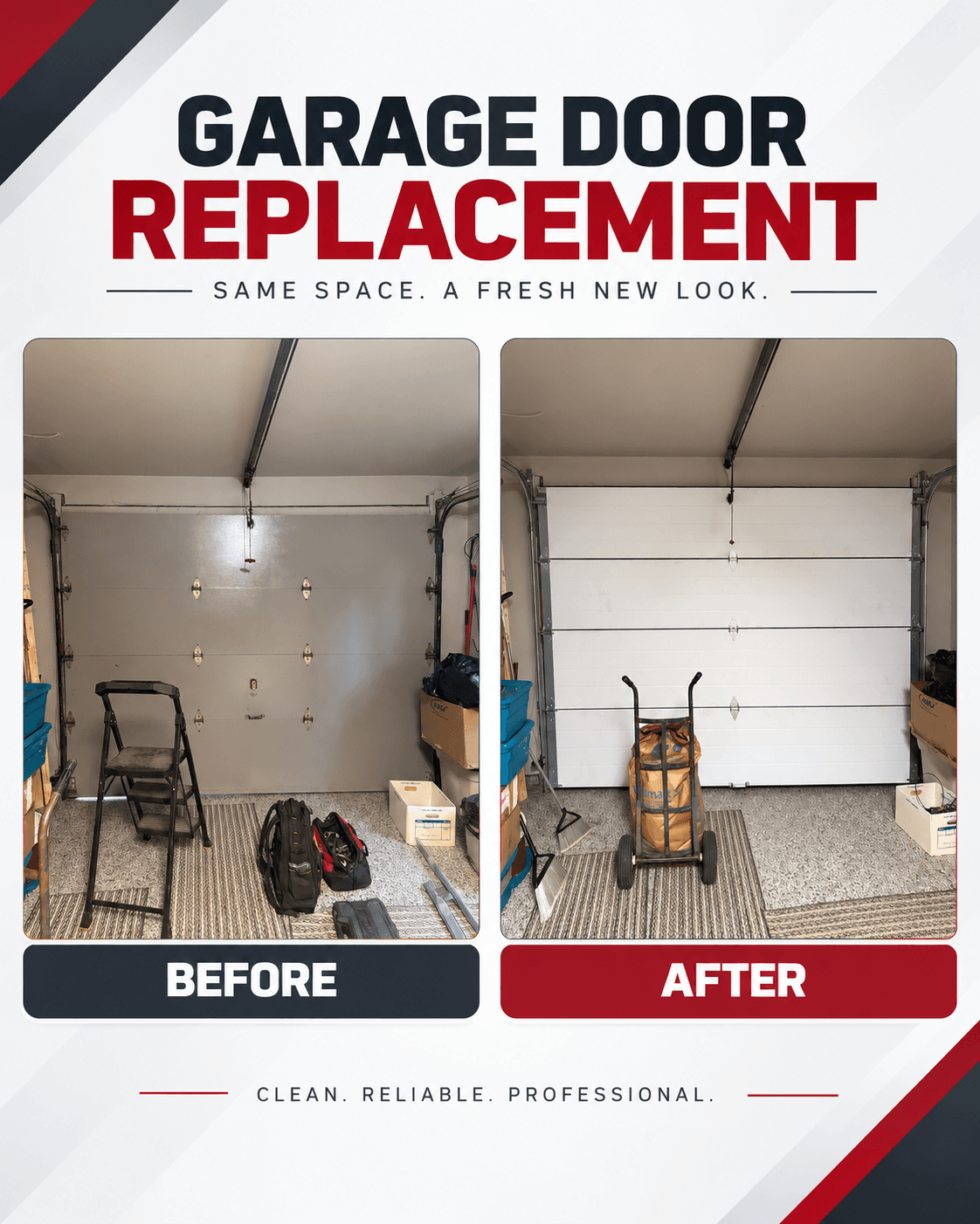 Comparaison avant/après d'un remplacement de porte de garage, vue de l'intérieur — porte existante remplacée par une nouvelle porte à panneaux blancs