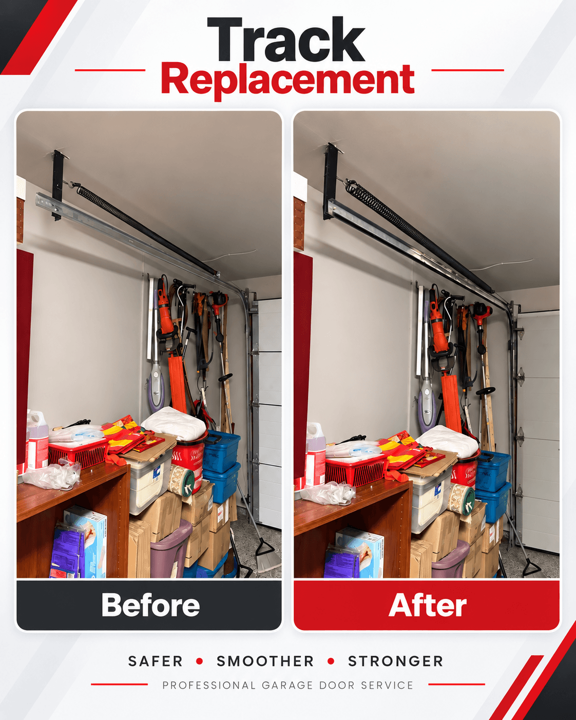Comparaison avant/après d'une réparation de rail de porte de garage — ensemble rail et ressort fixé au plafond, vu de l'intérieur du garage